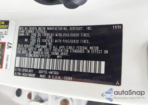 2015 Toyota Venza Xle V6 z USA, uszkodzony, nr VIN 4T3BK3BB6FU113197